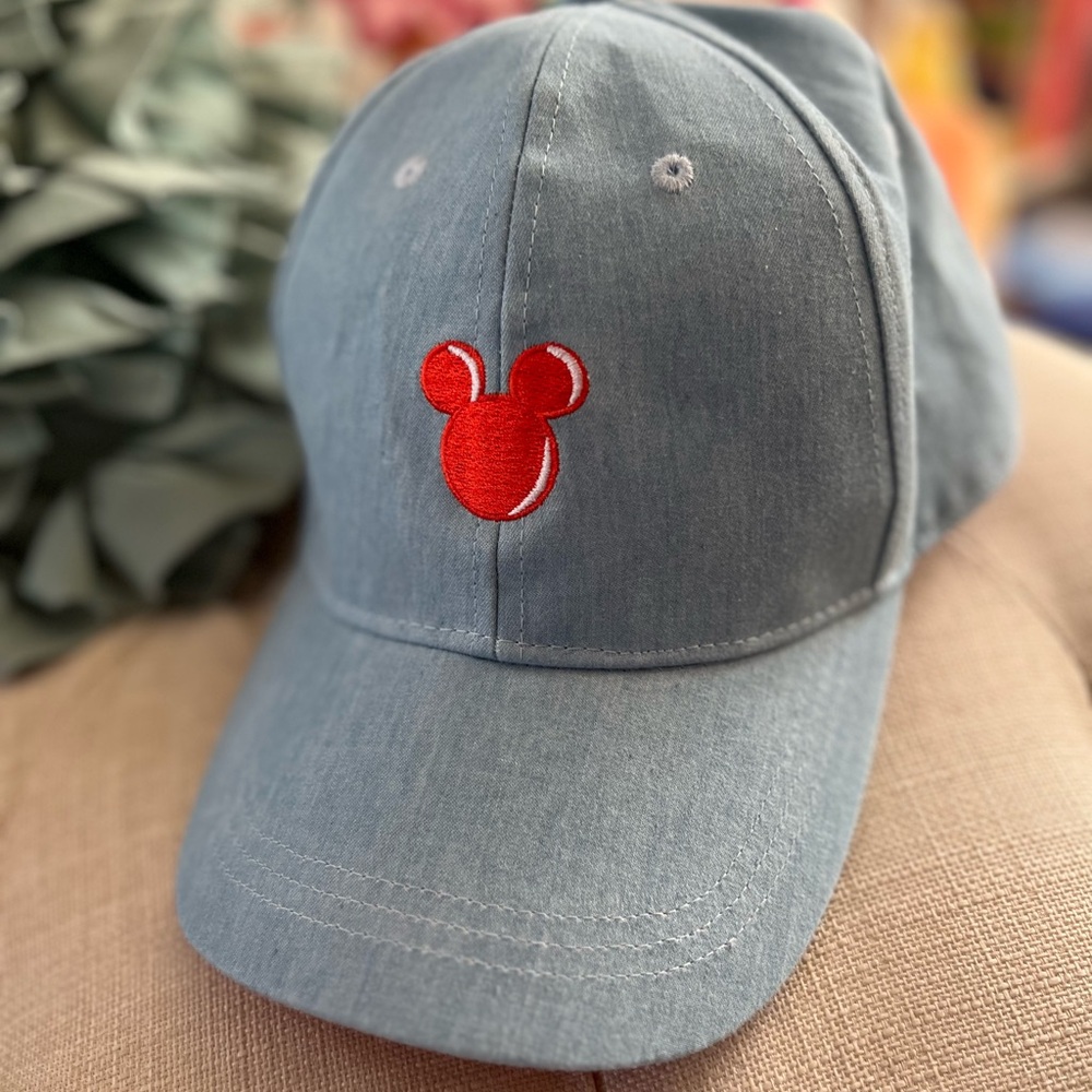 NWOT Denim Blue Baseball Cap with Red Mickey Mouse Logo